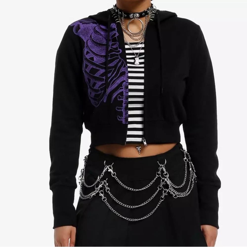 Purple Rib Cage Stitch Crop Hoodie‎ Hot Topic Halloween Costume Cosplay Skeleton